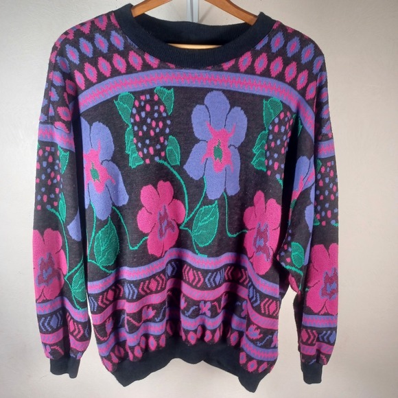 Top Notch Sweaters - Top Notch Vintage Retro Neon Floral Jacquard Knit Crewneck Sweater Medium